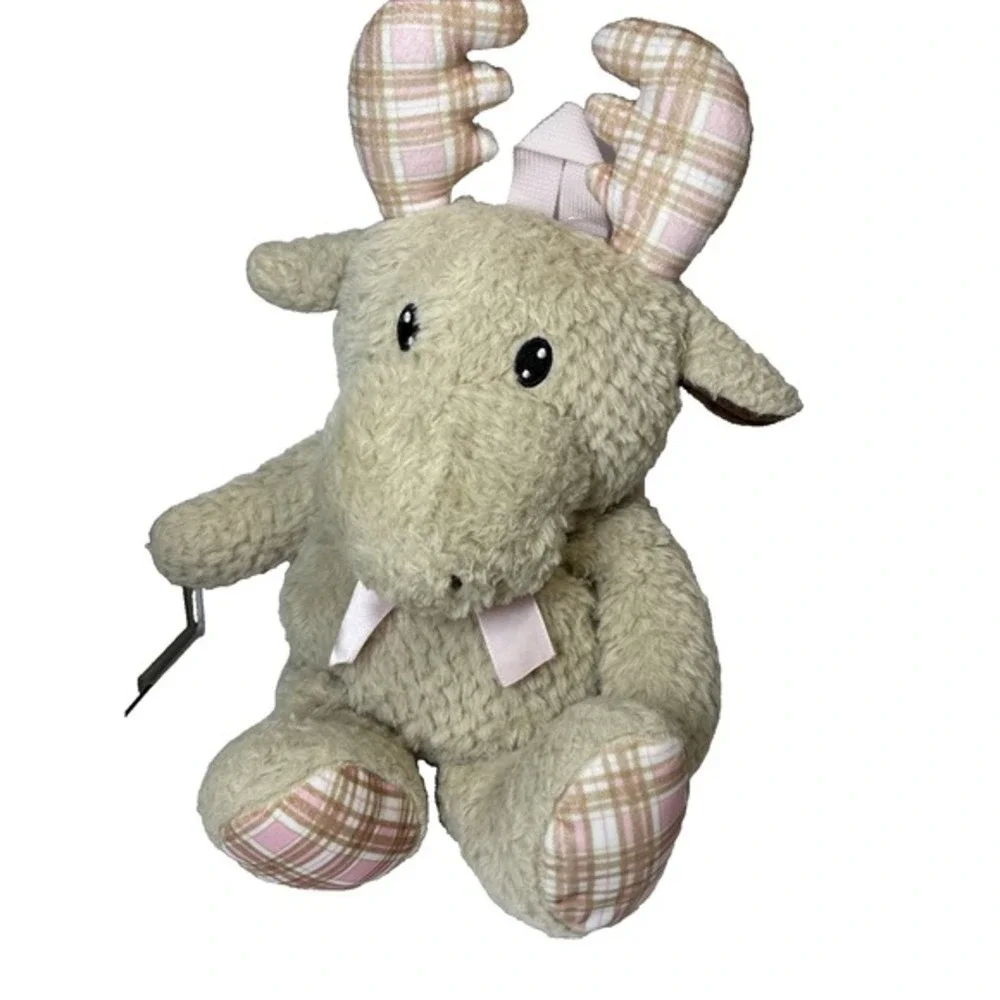 Tan Moose Plush Backpack‎ Pink Plaid Antlers Sherpa Faux Fur Stuffed Animal Bag